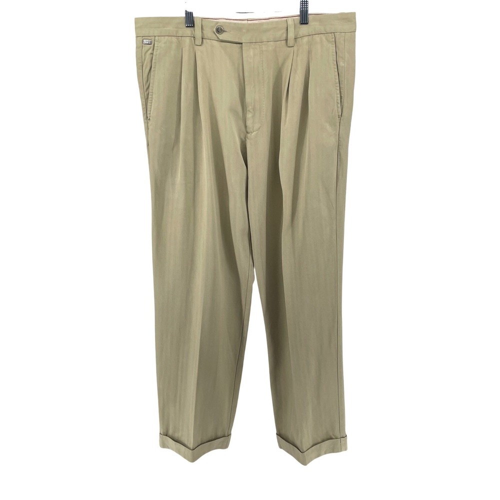 Tommy Bahama Mens 35x28 Silk Cotton Herringbone Pleated Cuffed Khaki Pants *Read